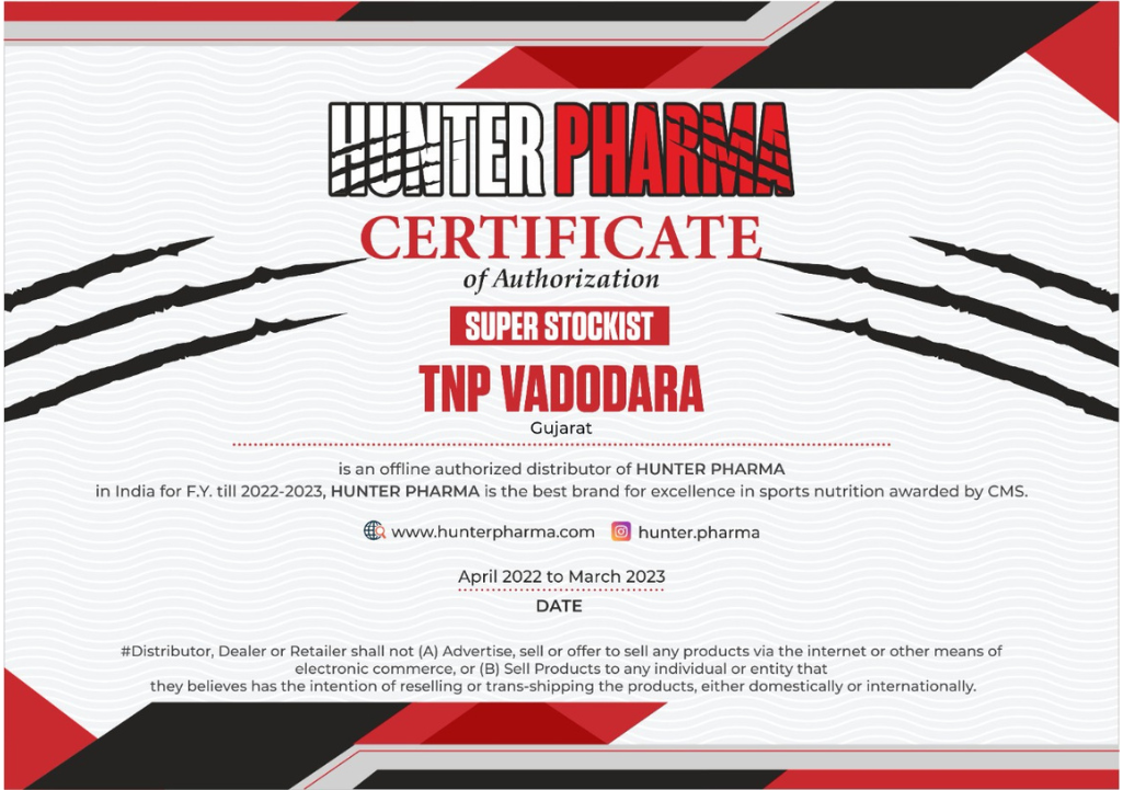 Certificate of Authorized Super Stockist from Hunter Pharma