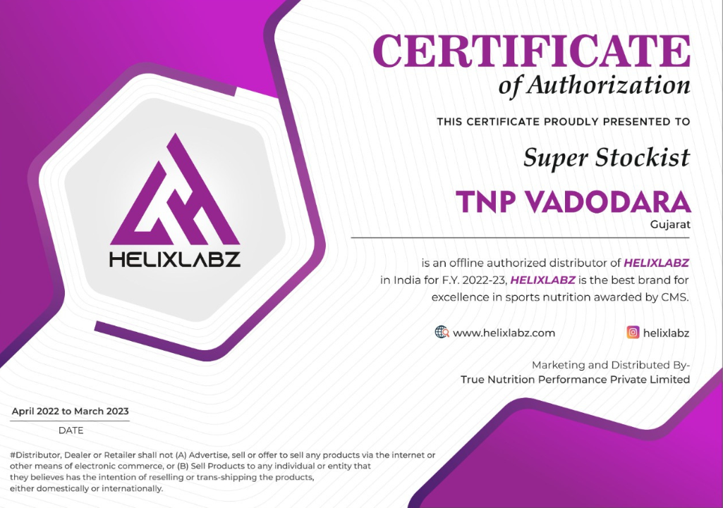 Certificate of Authorized Super Stockist from HelixLabz