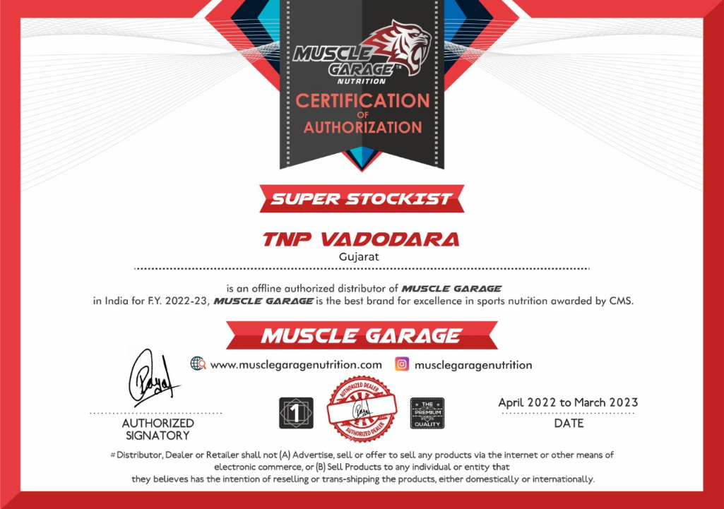 Certificate of Authorized Super Stockist from Muscle Garage