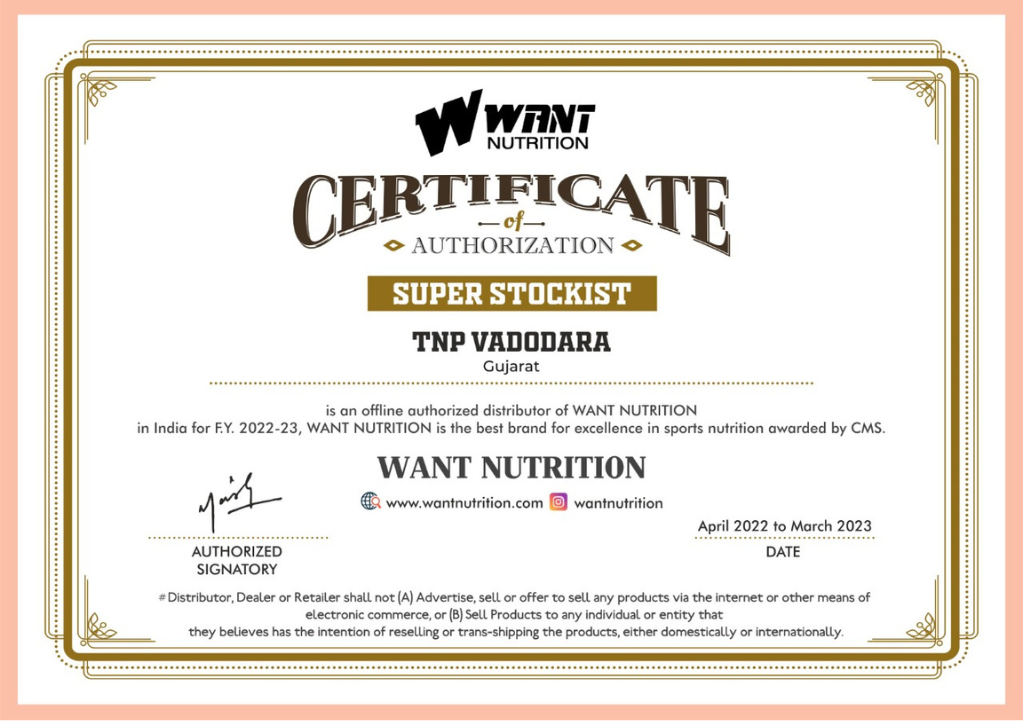 Certificate of Authorized Super Stockist from Want Nutrition