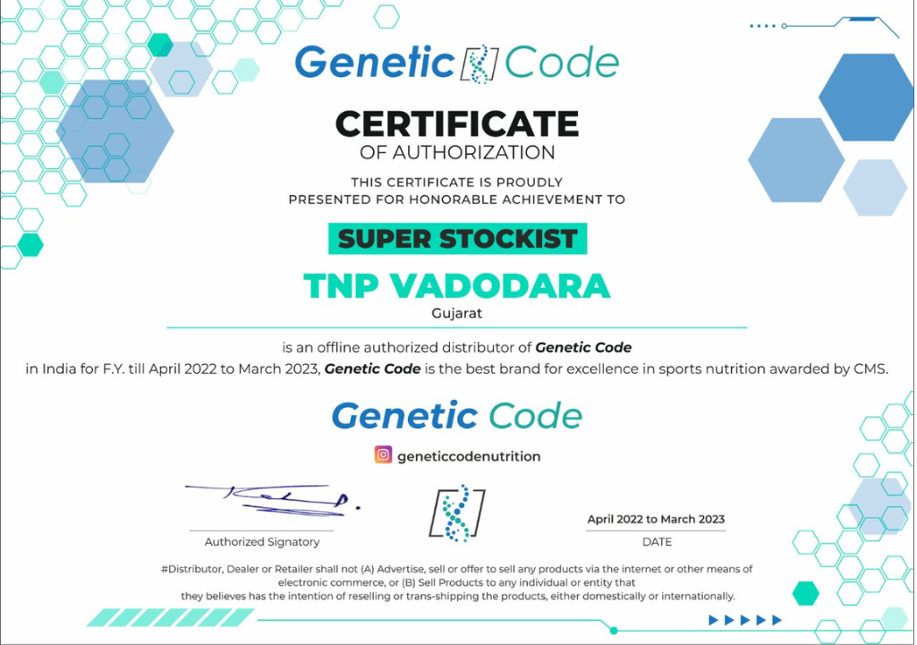 Certificate of Authorized Super Stockist from Genetic Code